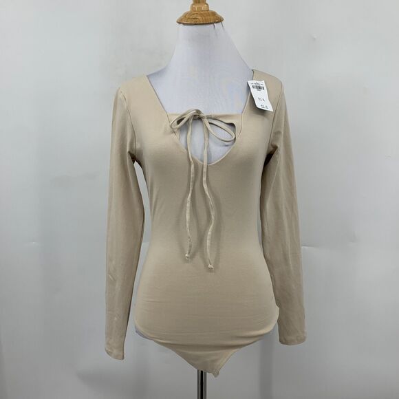 Abercrombie & Fitch Bodysuit Womens S Small Beige Keyhole Bow Front Long Sleeve - Picture 2 of 11